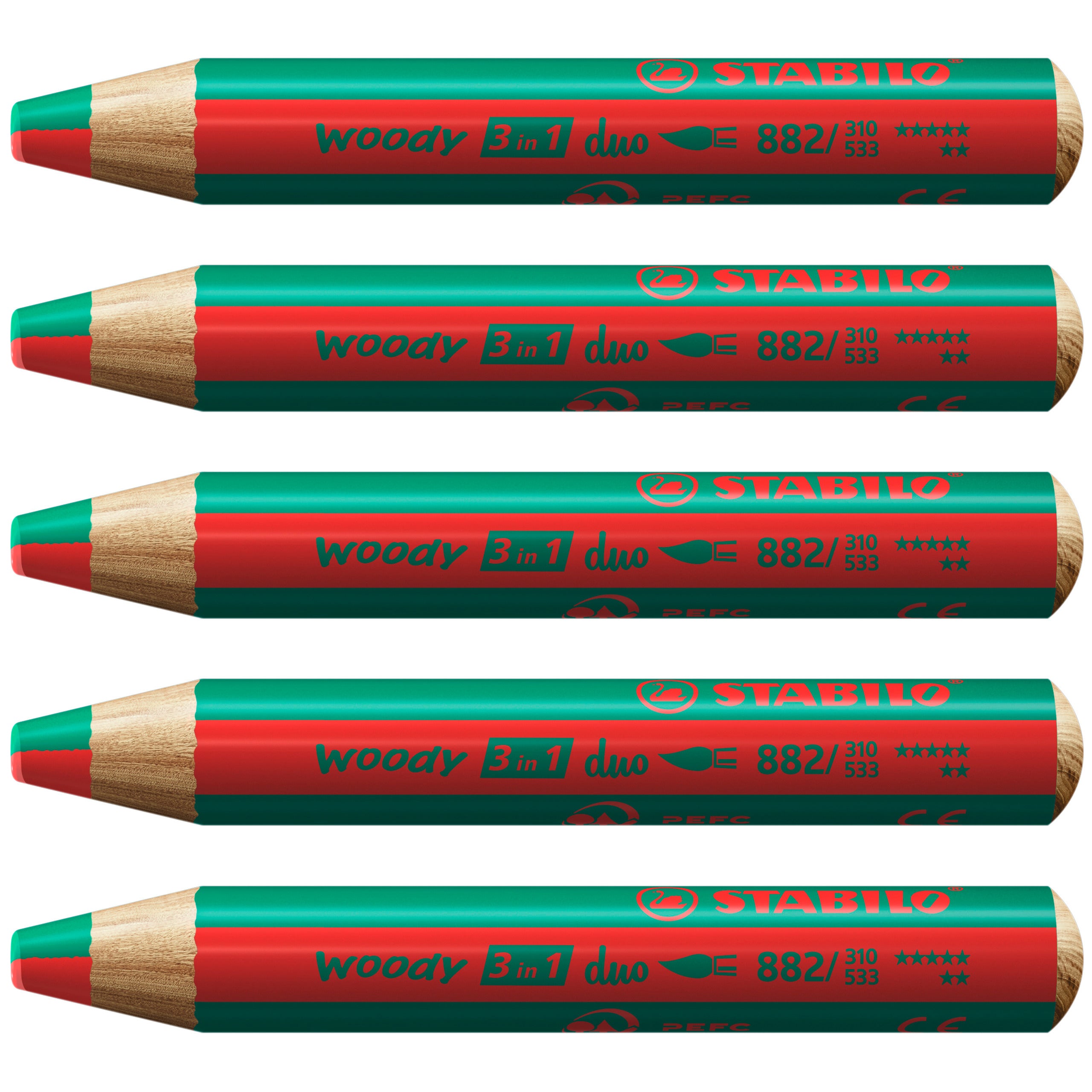 STABILO Buntstifte woody 3 in 1 Duo – 3-in-1, Minen-Ø 10 mm, 5 Stifte, mit Spitzer