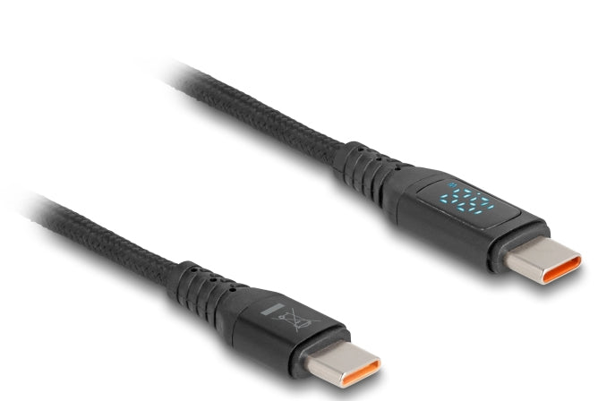 DeLOCK USB-C auf USB-C Kabel – USB 2.0 (480 Mbit/s) – 1,2 m – PD 140 W – Textilmantel, LED-Display – Schwarz