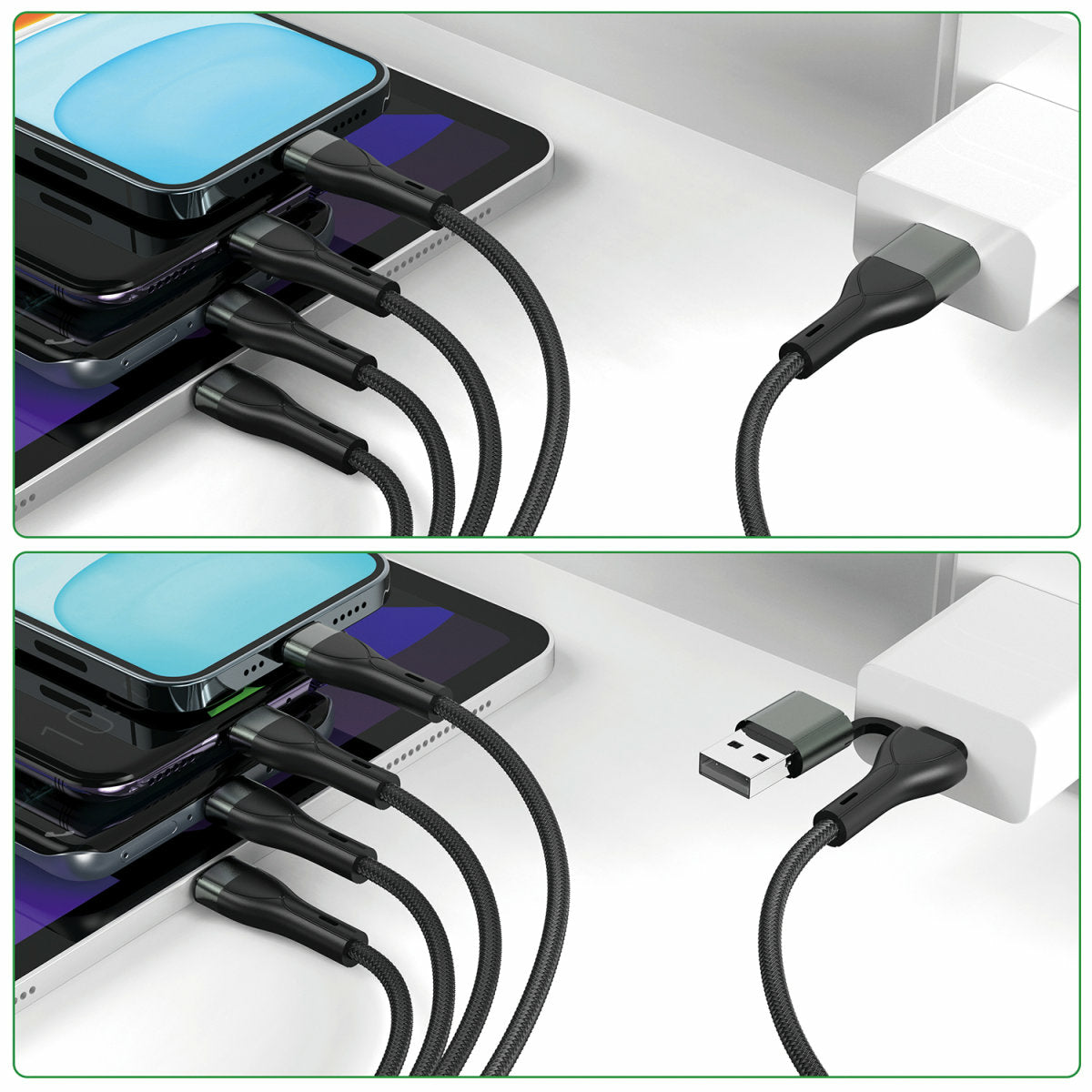 4smarts Multi-Kabel – 4-in-2 USB-A/USB-C auf USB-C/Micro-USB/Lightning 1,2 m, PD 15 W, geflochten