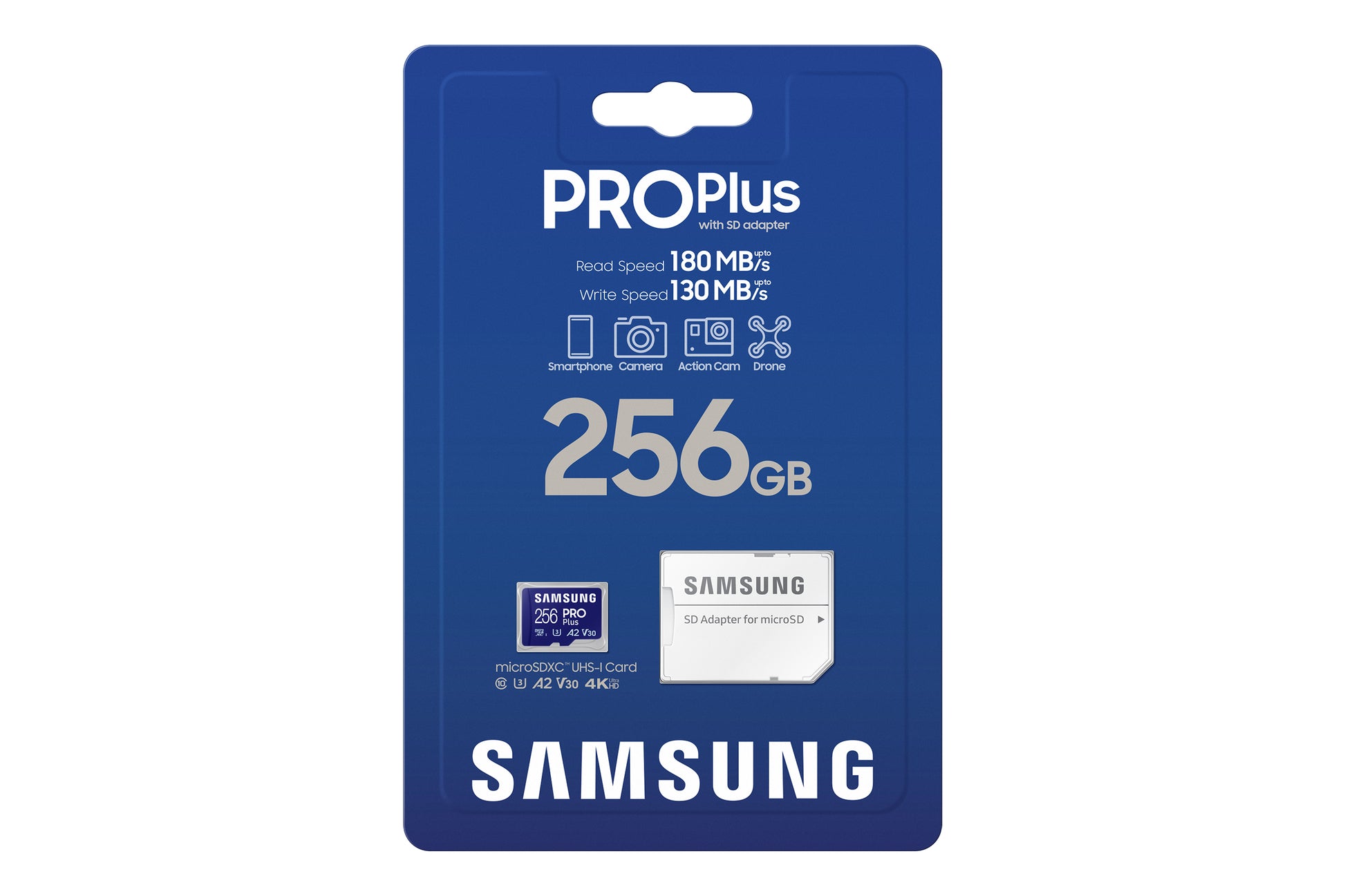 Samsung PRO Plus MB-MD256SA/EU microSDXC 256 GB – UHS-I, U3, V30, A2, 180/130 MB/s, inkl. SD-Adapter