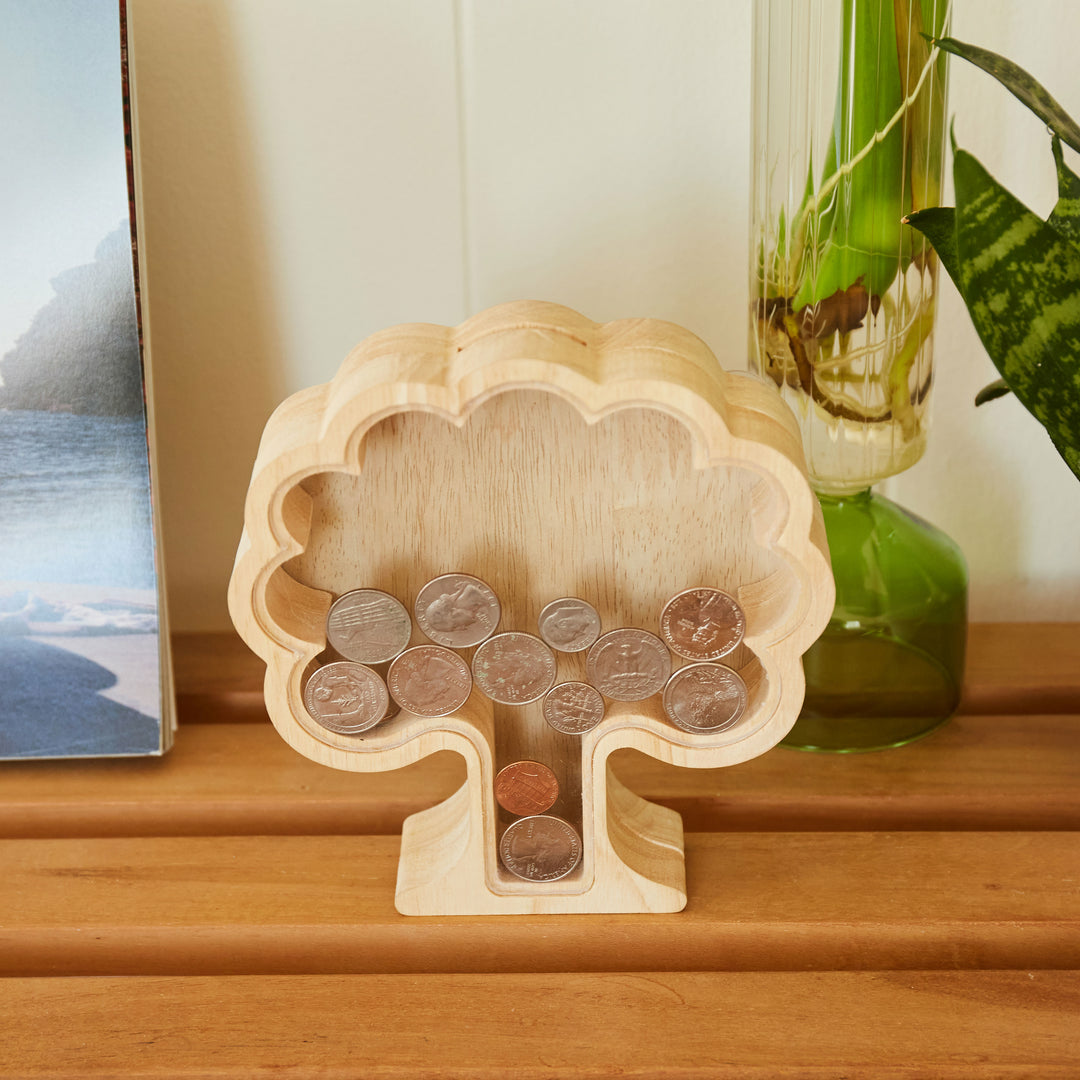 Kikkerland Spardose Baum – Mischholz & MDF & Acryl & Metall, natur – 19 × 17,1 × 5 cm