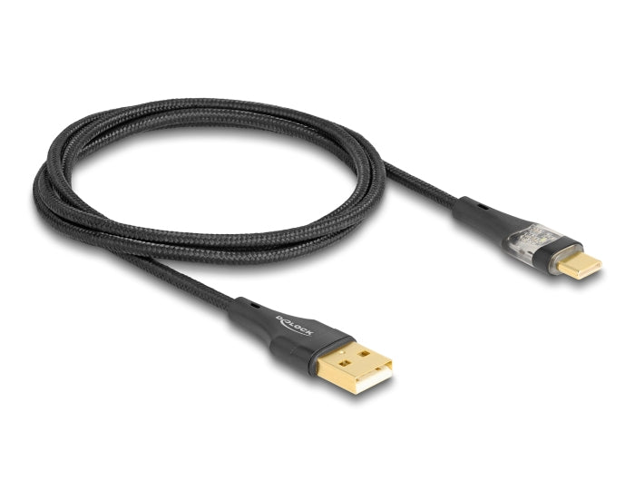 DeLOCK USB-A auf USB-C Kabel – USB 2.0 (480 Mbit/s) – 1 m – PD 60 W – Textilmantel, Leuchtend – Schwarz
