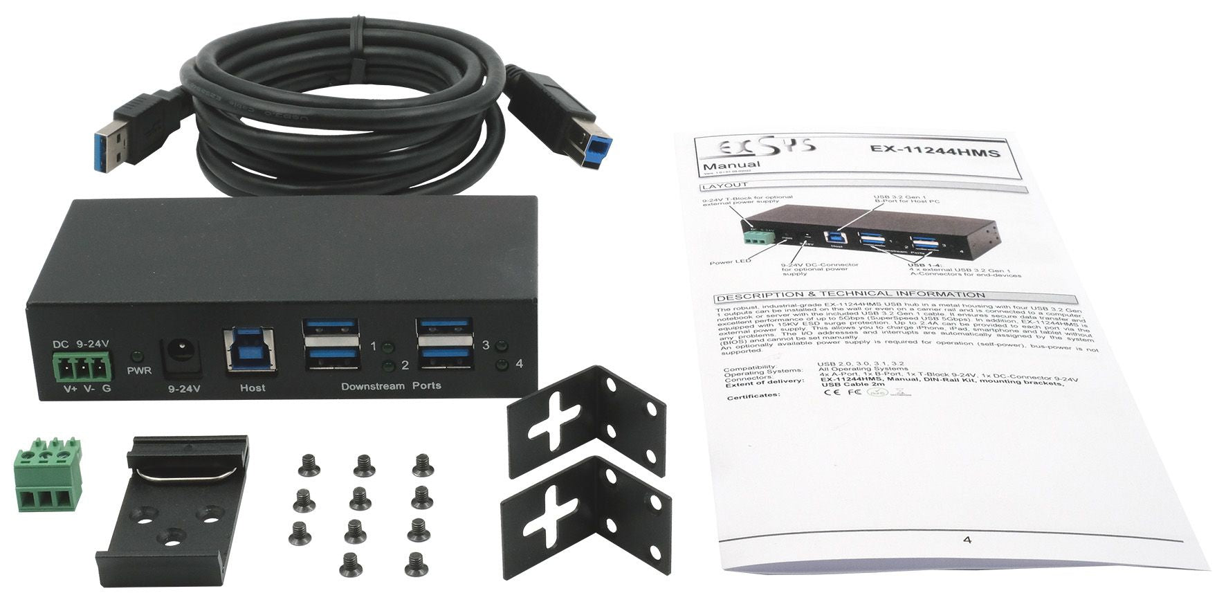 EXSYS EX-11244HMS USB-Hub – USB 3.2 Gen 1, 4× USB-A, für Windows/Mac/Linux
