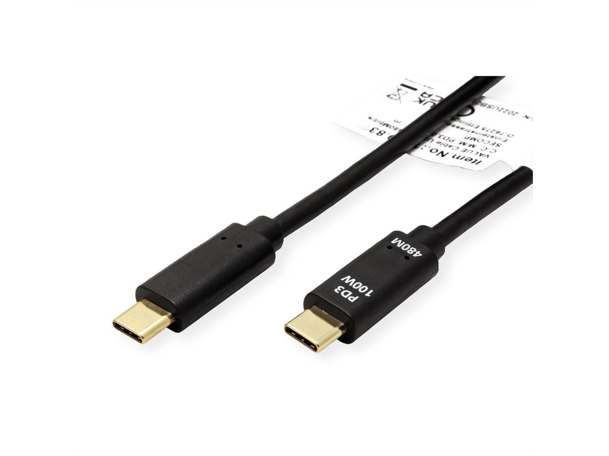 VALUE USB-C auf USB-C Kabel – USB 2.0 (480 Mbit/s) – 1 m – PD 100 W – Schwarz