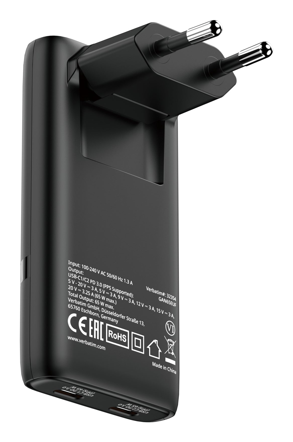 Verbatim 32354 USB-Ladegerät 65 W – USB-C×2 – PD 3.0, GaN, EU-Stecker (Typ C) – für Laptop und andere