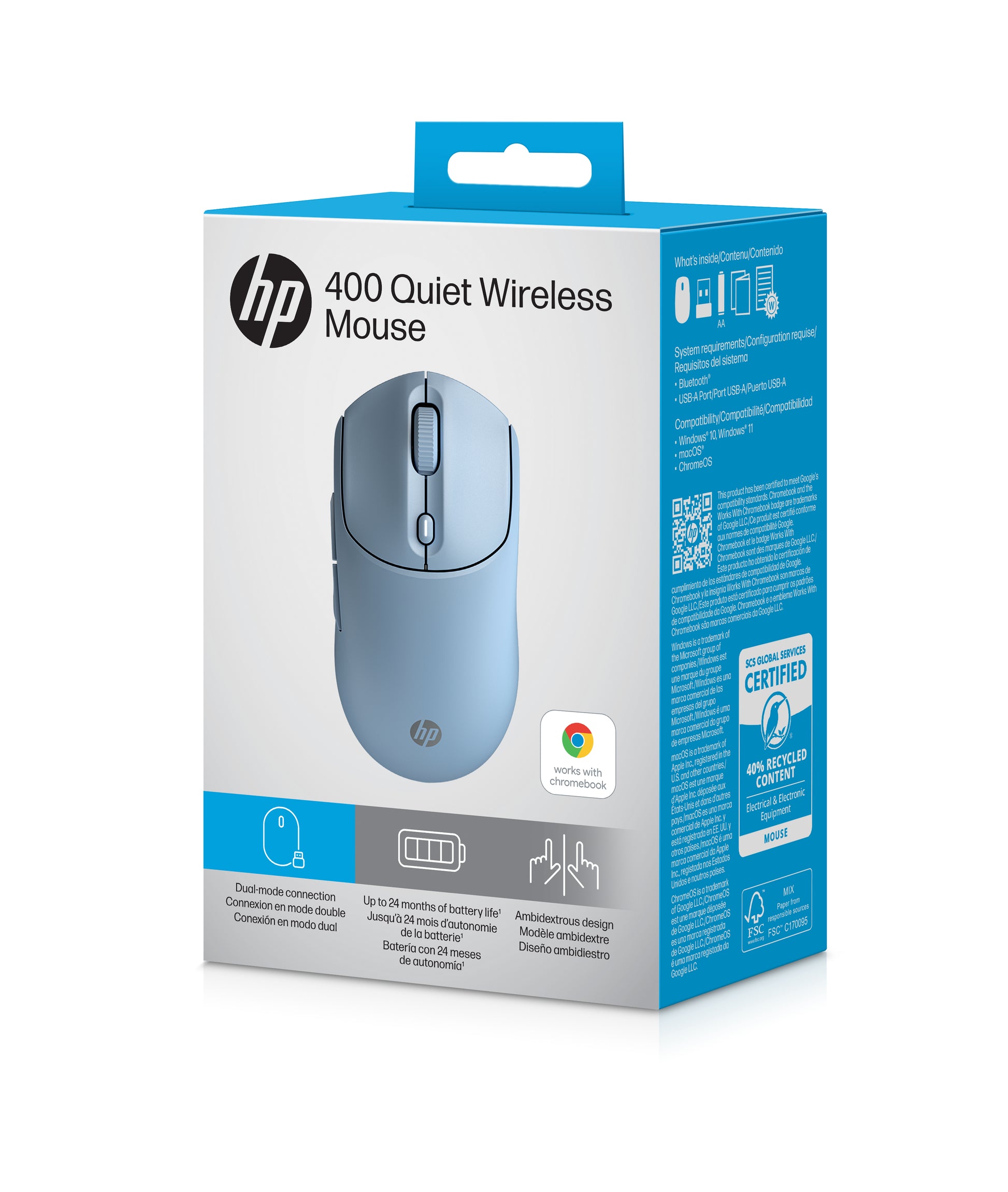 HP 400 Leise – Maus – Kabellos (Bluetooth/2,4 GHz), 6000 DPI, Beidhändig, Blau