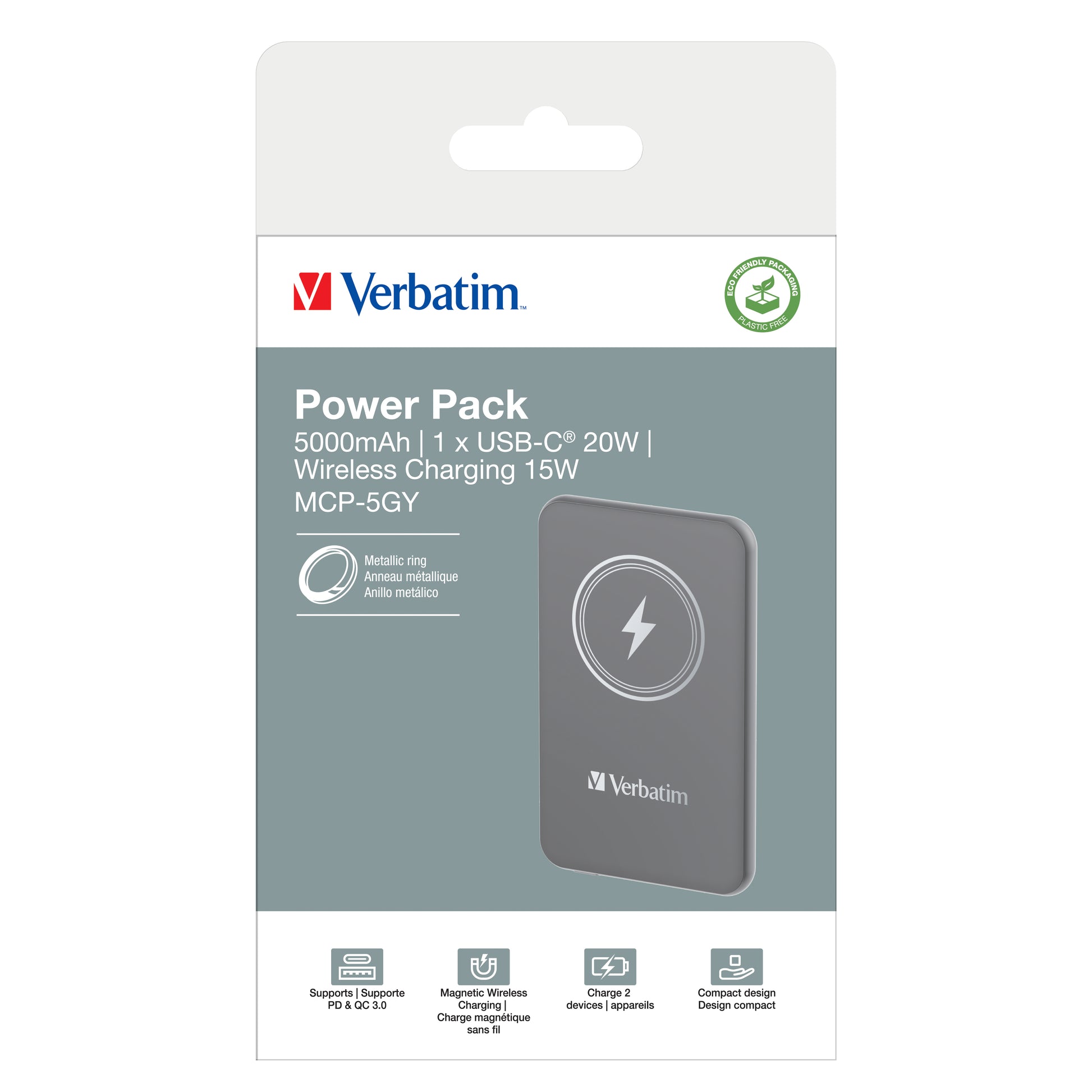 Verbatim MagSafe Powerbank 5'000 mAh – 20 W PD, MagSafe 15 W, 1× USB-C, Grau
