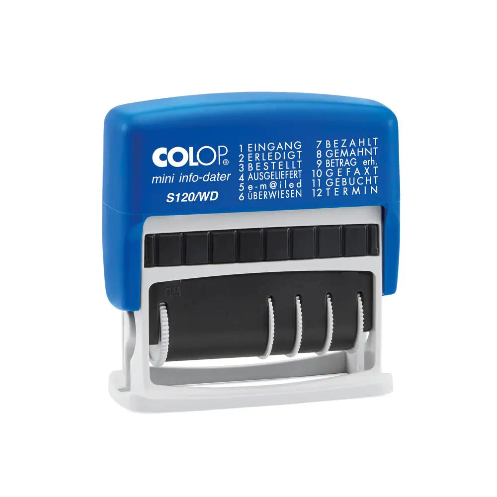 Colop S 120/WD – Selbstfärbender Wort- & Datumstempel, 12 Texte, Abdruck 41 × 4 mm, Schrifthöhe 4 mm – Blau/Rot