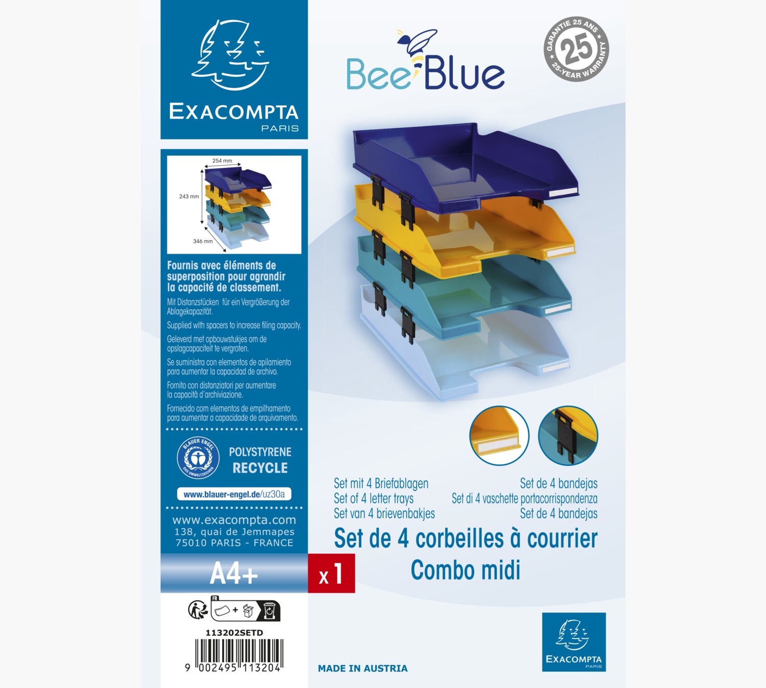 Exacompta Briefablage COMBO MIDI Bee Blue – für A4+ Papier – 346 × 254 × 243 mm