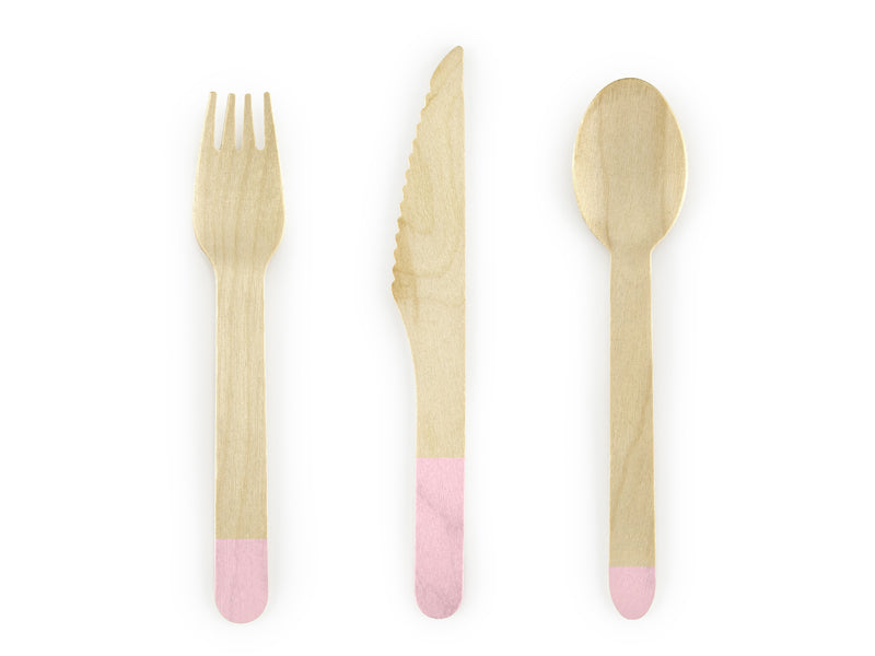 PartyDeco Besteck-Set 3-teilig, Holz (Birke) – 16 cm – Hellrosa – 18 Stk.
