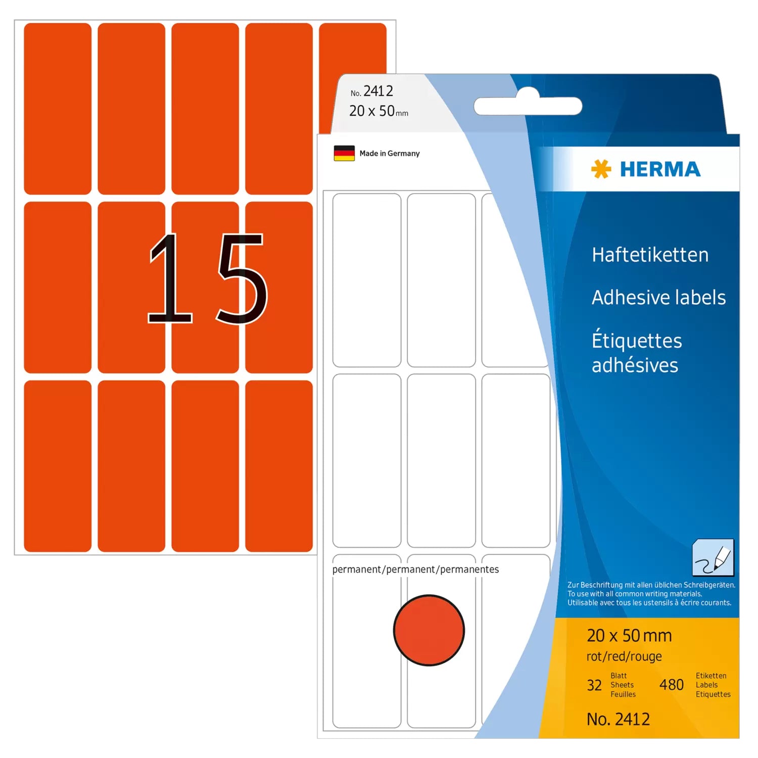 HERMA Schuletiketten – 20 × 50 mm, Abgerundete Ecken, 480 Stk, 32 Bogen