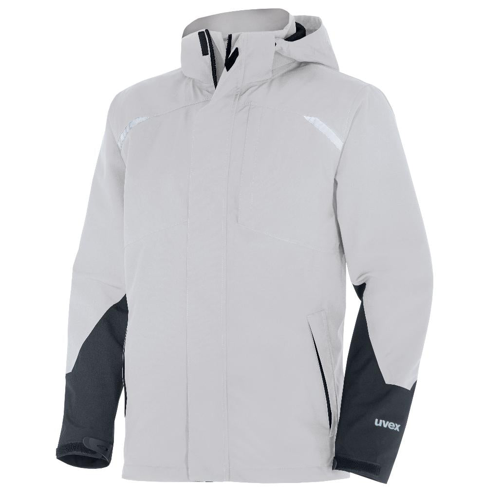 Uvex Wetterjacke suXXeed – 5XL – Weiss/Schwarz, Polyester, Wasserfest, 8'000 mm, einrollbare Kapuze