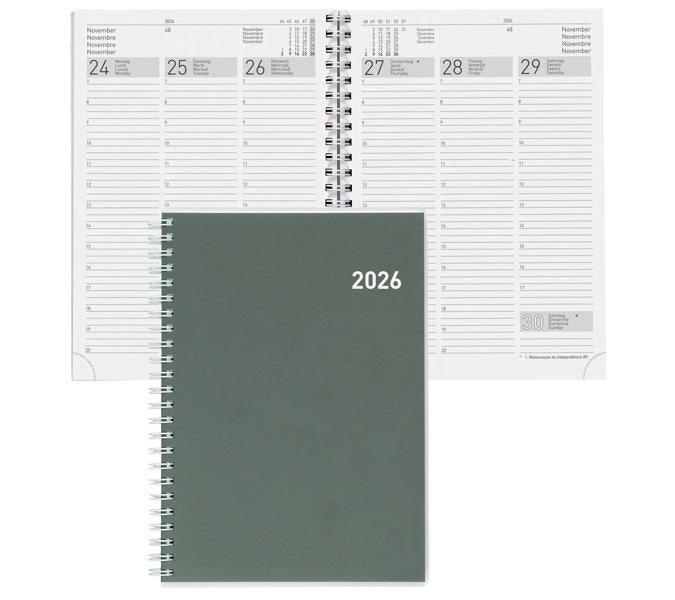 Biella Terminia Agenda – 1 Woche/2 Seiten, Wire-O, 14,5 × 20,5 cm, 2026, mehrsprachig, grau, FSC