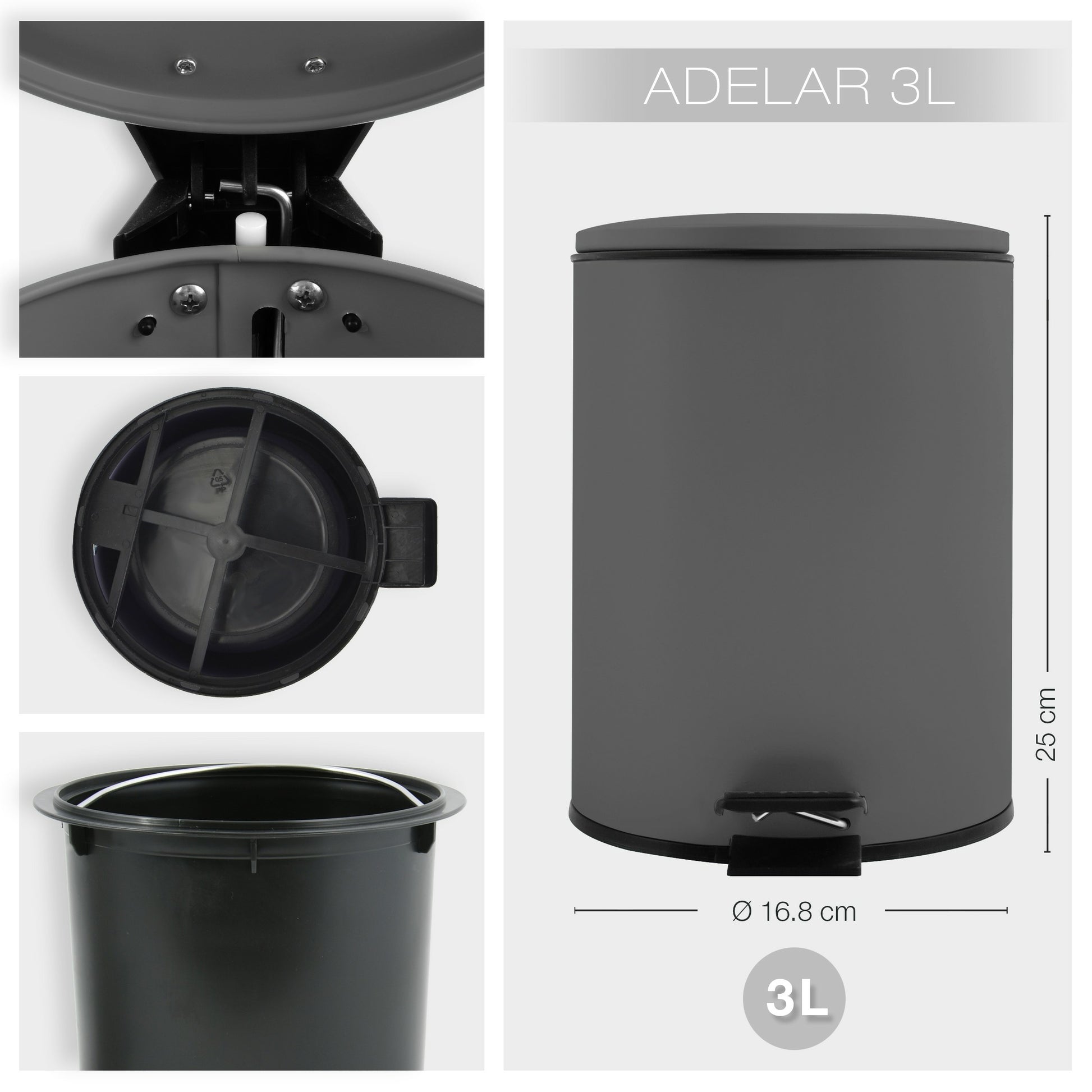 Spirella Treteimer Adelar – 3 l – Stahl, rund – dunkelgrau