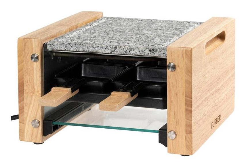 Furber. Furber Raclette-Grill Festa – 4 Personen, Steinplatte, 650 W – Schwarz/Marmor/Holz