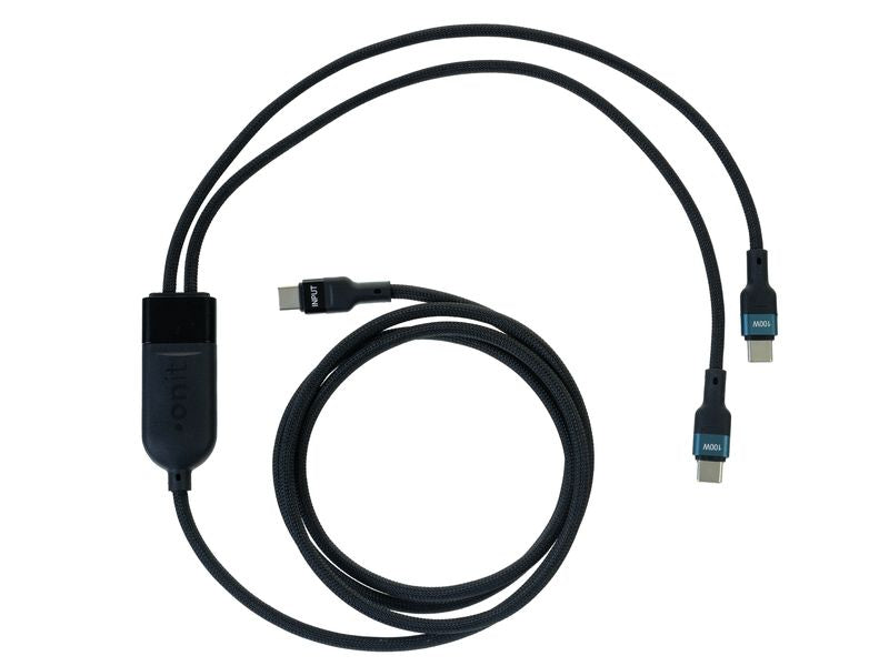 ONIT USB-C auf 2×USB-C Kabel – USB 2.0 (480 Mbit/s) – 1,5 m – PD 100 W – Textilmantel, LED-Anzeige – Schwarz