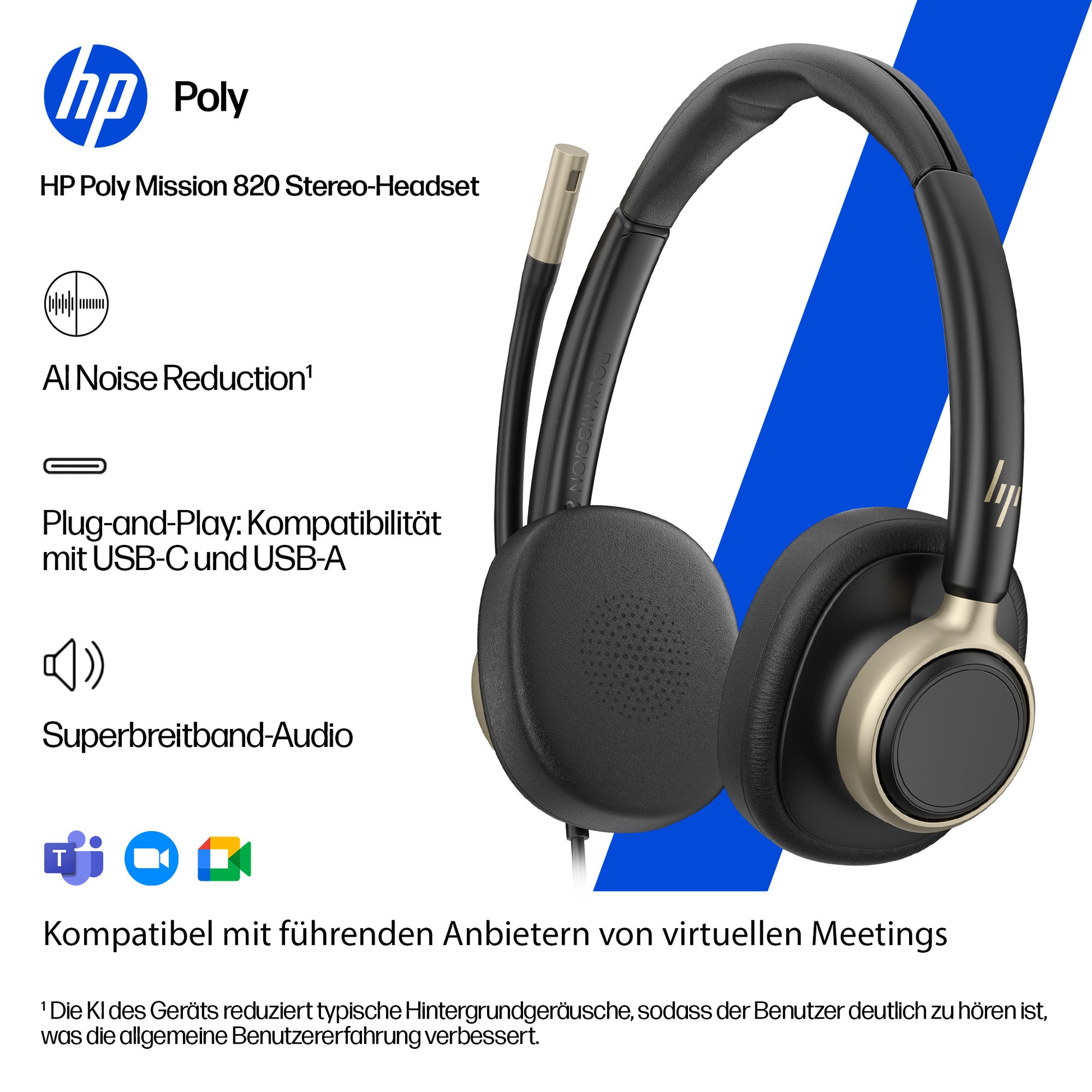 HP Poly Mission 825 Office-Headset – Stereo, Kabel (USB-C), ANC, Schwarz