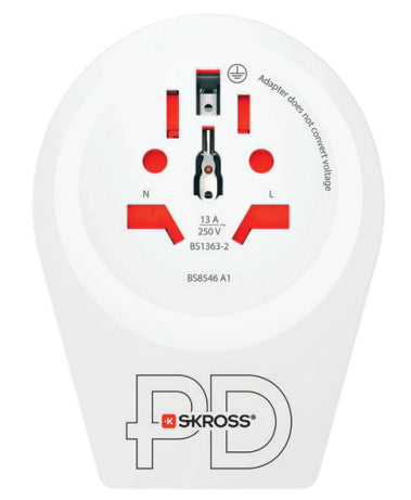 Skross Reiseadapter – Typ F → Universal (A/B/C/G/I/J/L/N), geerdet, weiss, 64×60×85 mm, 1× USB