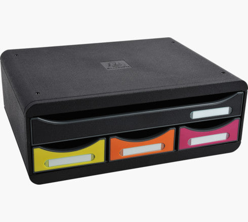 Exacompta Toolbox Mini Schubladenelement – 4 Schubladen, für A4, Schwarz/Mehrfarbig, B 355 × H 134 × T 270 mm