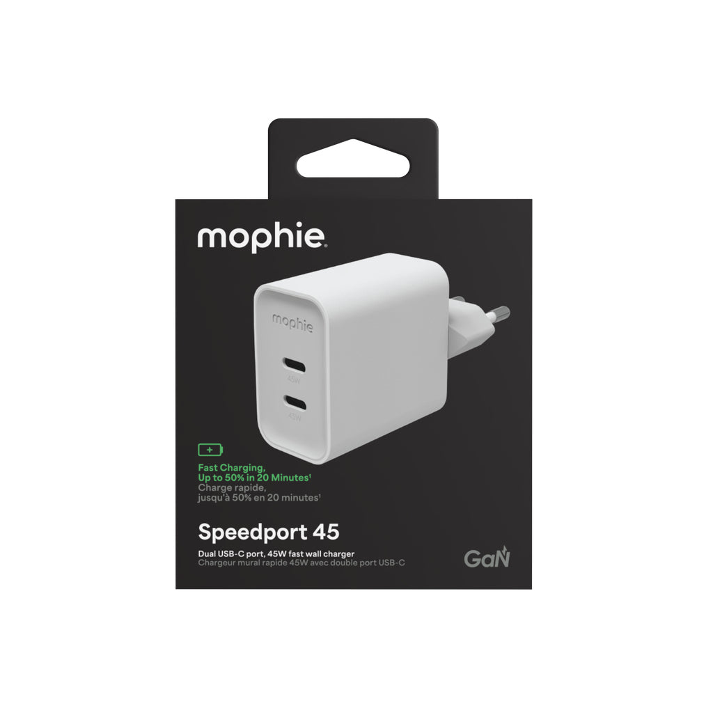mophie Speedport 45 USB-Ladegerät 45 W – USB-C×2 – PD, GaN, EU-Stecker (Typ C)