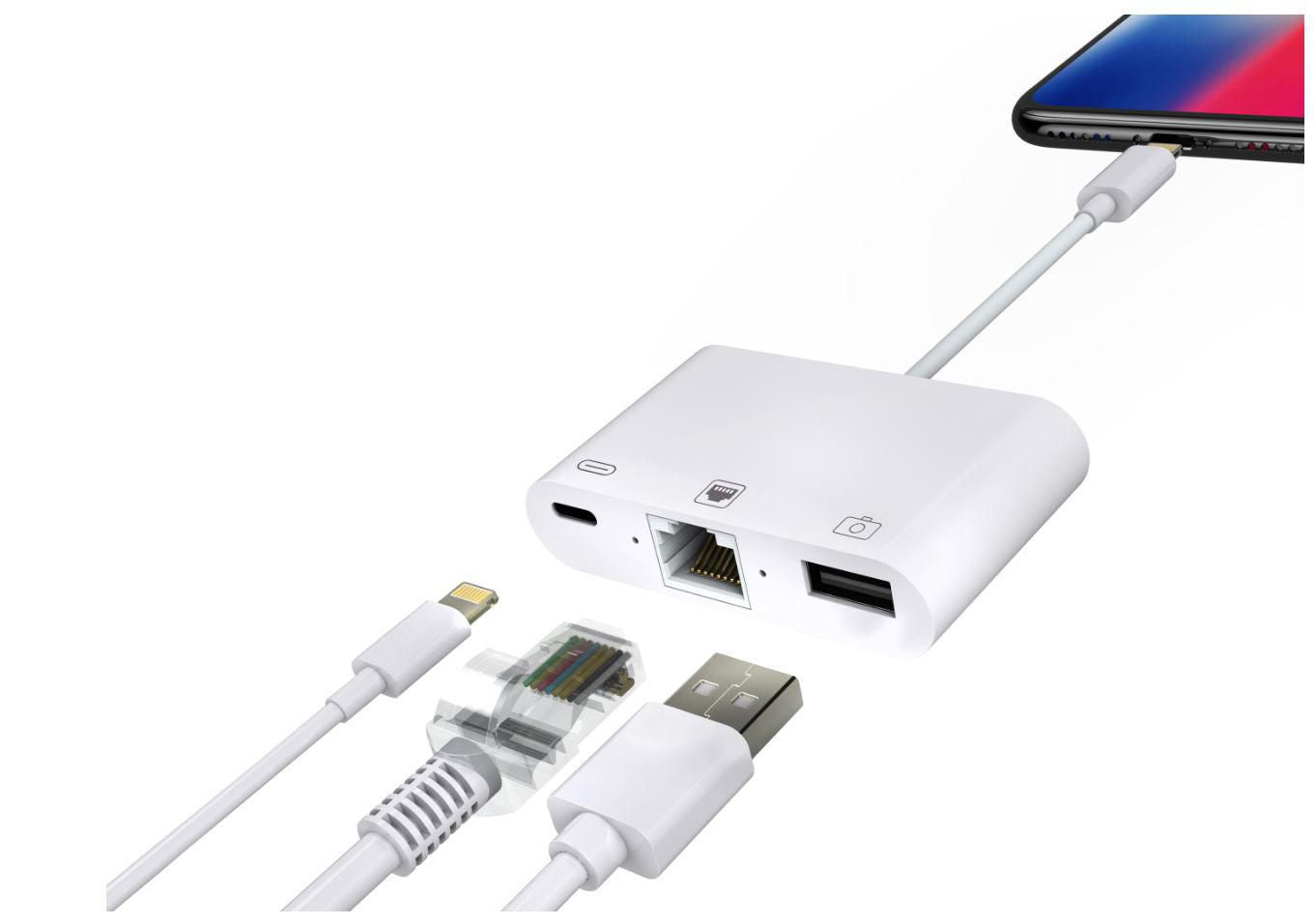 Microconnect Lightning Hub – Adapter/Hub – RJ45, Stromzufuhr – für iPhone/iPad/Mac – Weiss