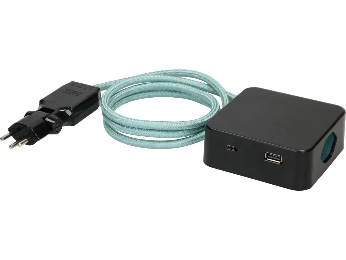 maxTEX Cube Steckdosenleiste – 3× T13, USB‑A/C 18 W, 2 m, ohne Schalter, IP20, schwarz/türkis