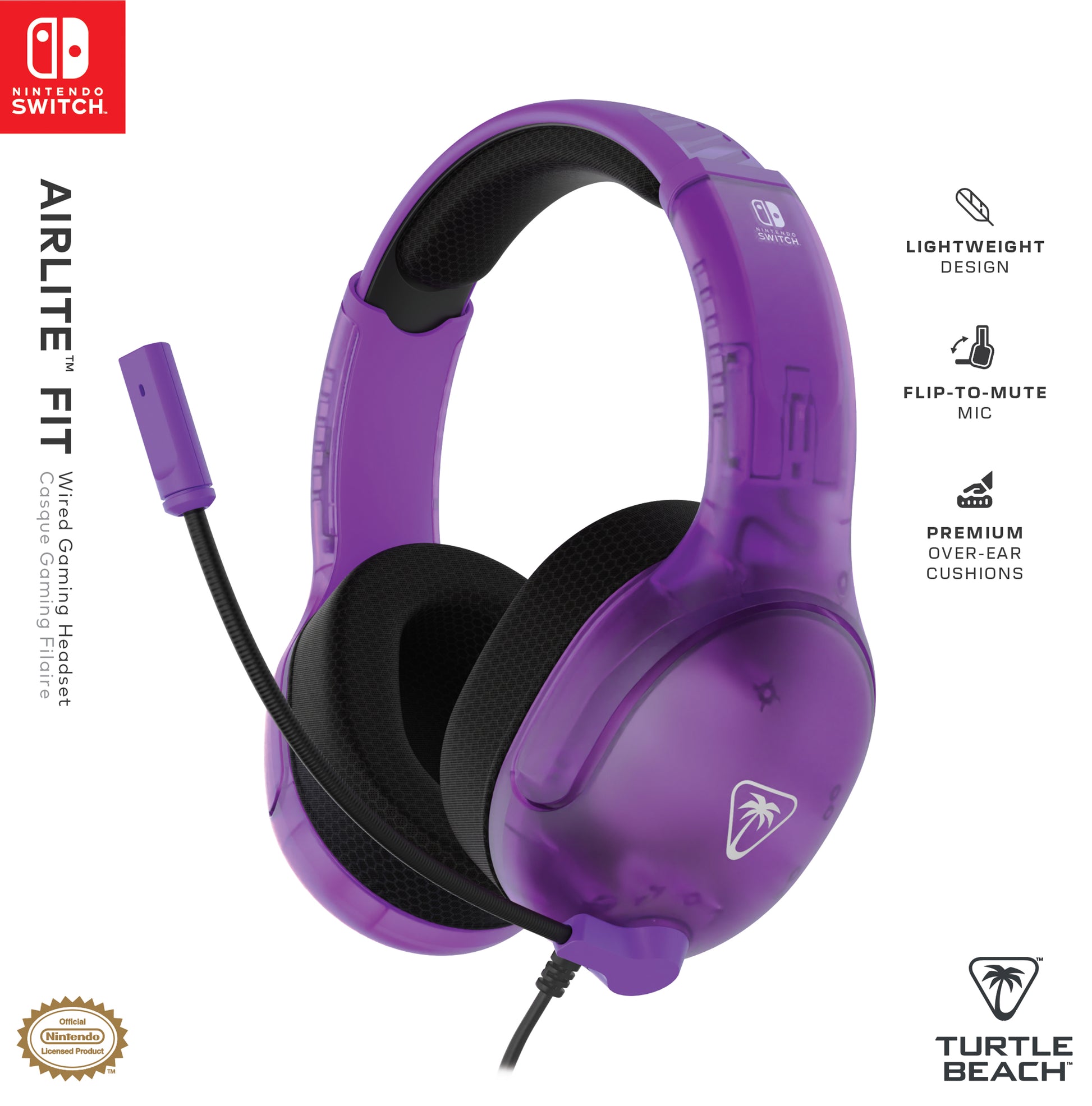 Turtle Beach Airlite Fit Gaming-Headset – Over-Ear, Stereo, Kabelgebunden, 3,5 mm Klinke, für Switch, Schwarz/Violett