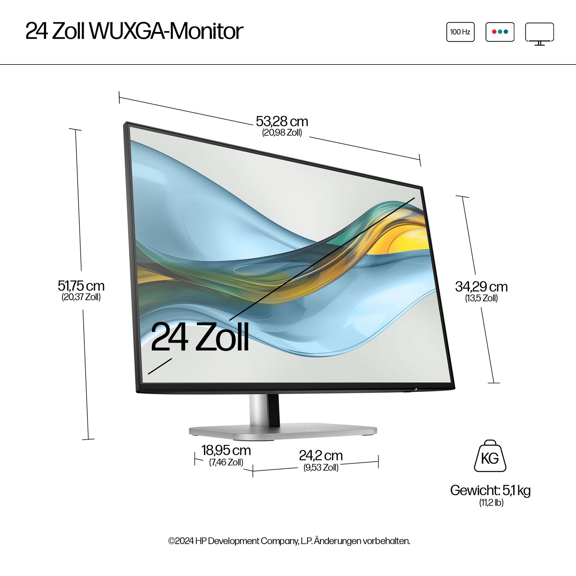 HP 524PN – Monitor, 24", 1920 × 1200, IPS, 100 Hz, 350 cd/m², DisplayPort, HDMI, USB