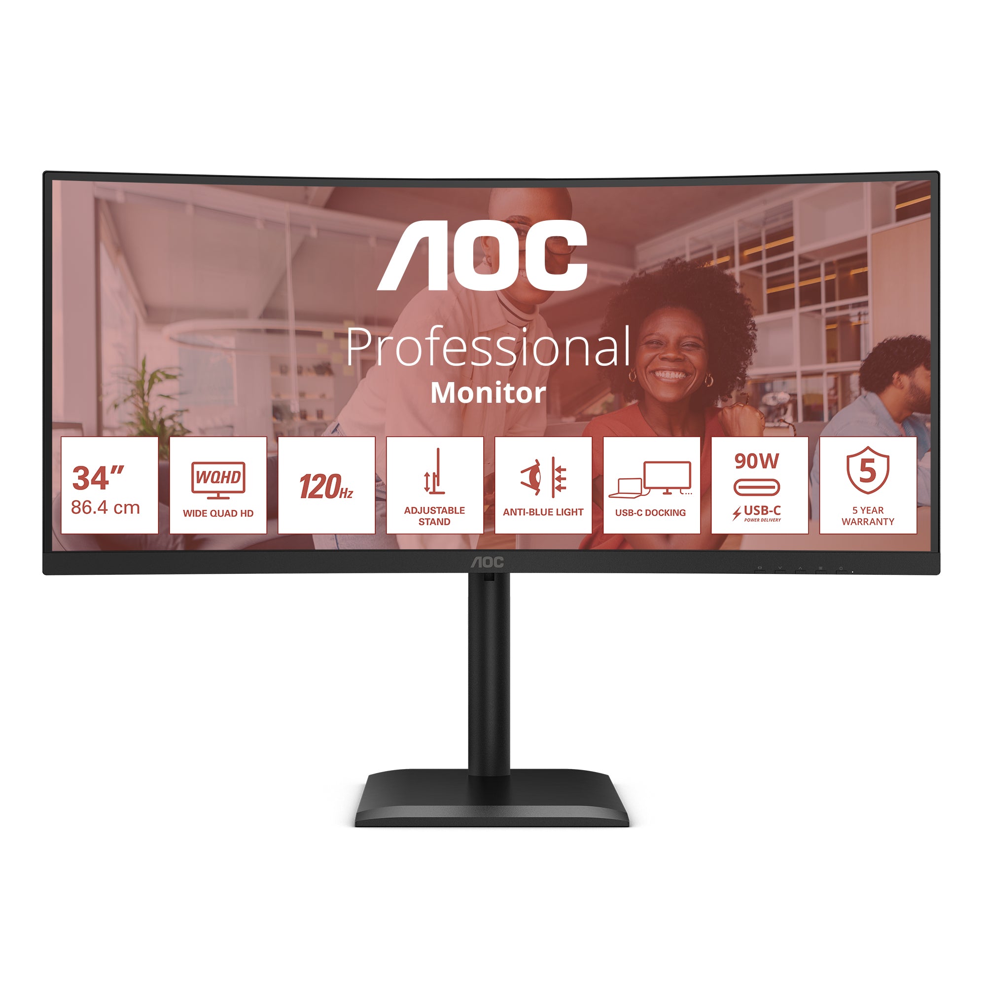 AOC CU34E4CV – Monitor, 34" 3440 × 1440 (UWQHD), VA, 120 Hz, Gebogen, KVM, VESA 100 × 100, Schwarz