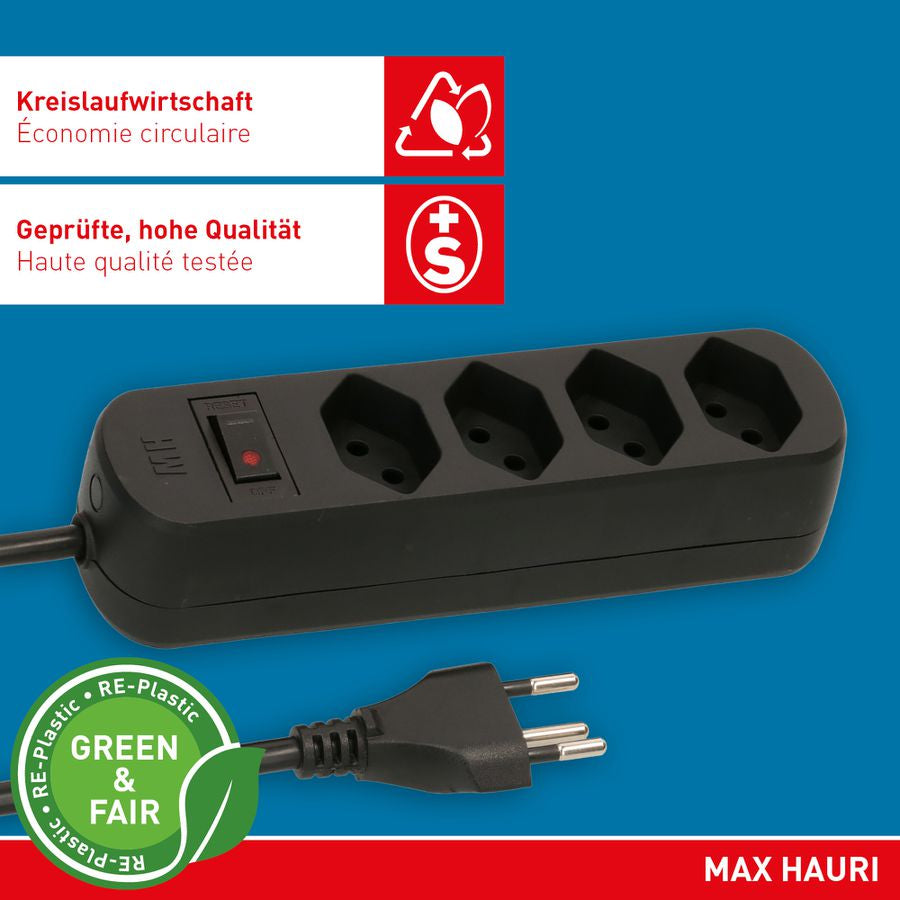 Max Hauri AG Max Hauri Basic Line – Steckdosenleiste, 4× T13, mit Schalter, 1,5 m, Stecker T12, IP20