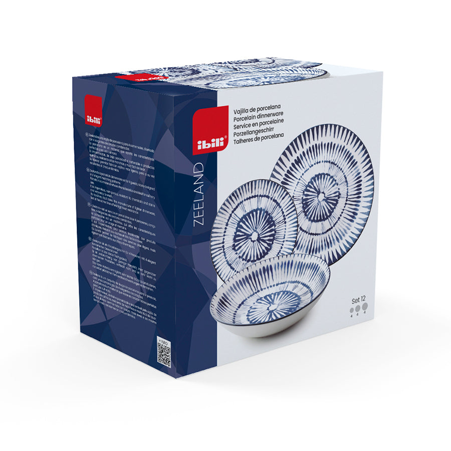 Ibili Zeeland Speise-Service – 12-teilig, Ø 26,8/20/19,2 cm, Porzellan, Blau/Weiss, spülmaschinenfest