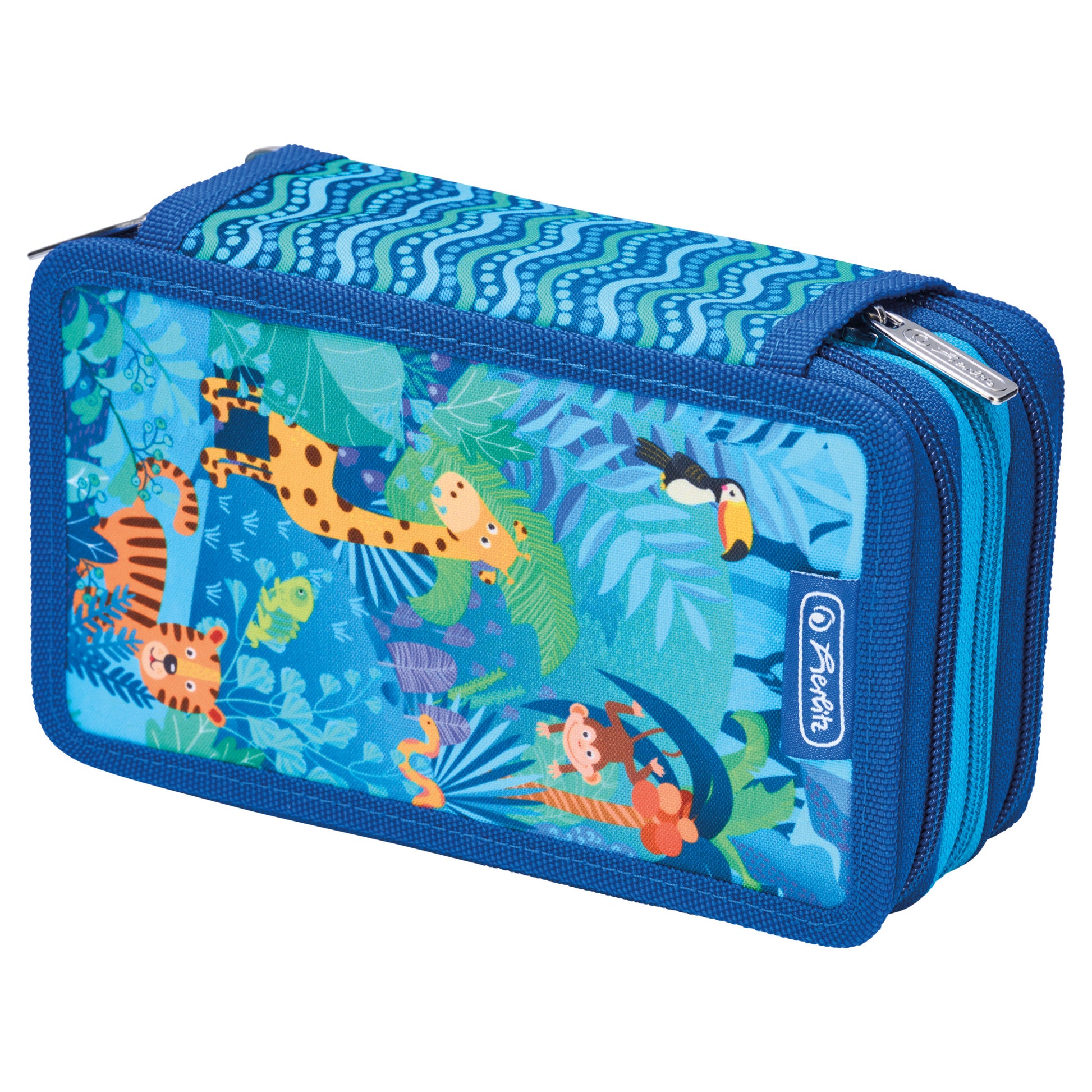 Herlitz TriCase – Schüleretui, 3 Klappen, gefüllt (31-teilig), Jungle Safari, Blau, 19 × 11,5 × 7 cm
