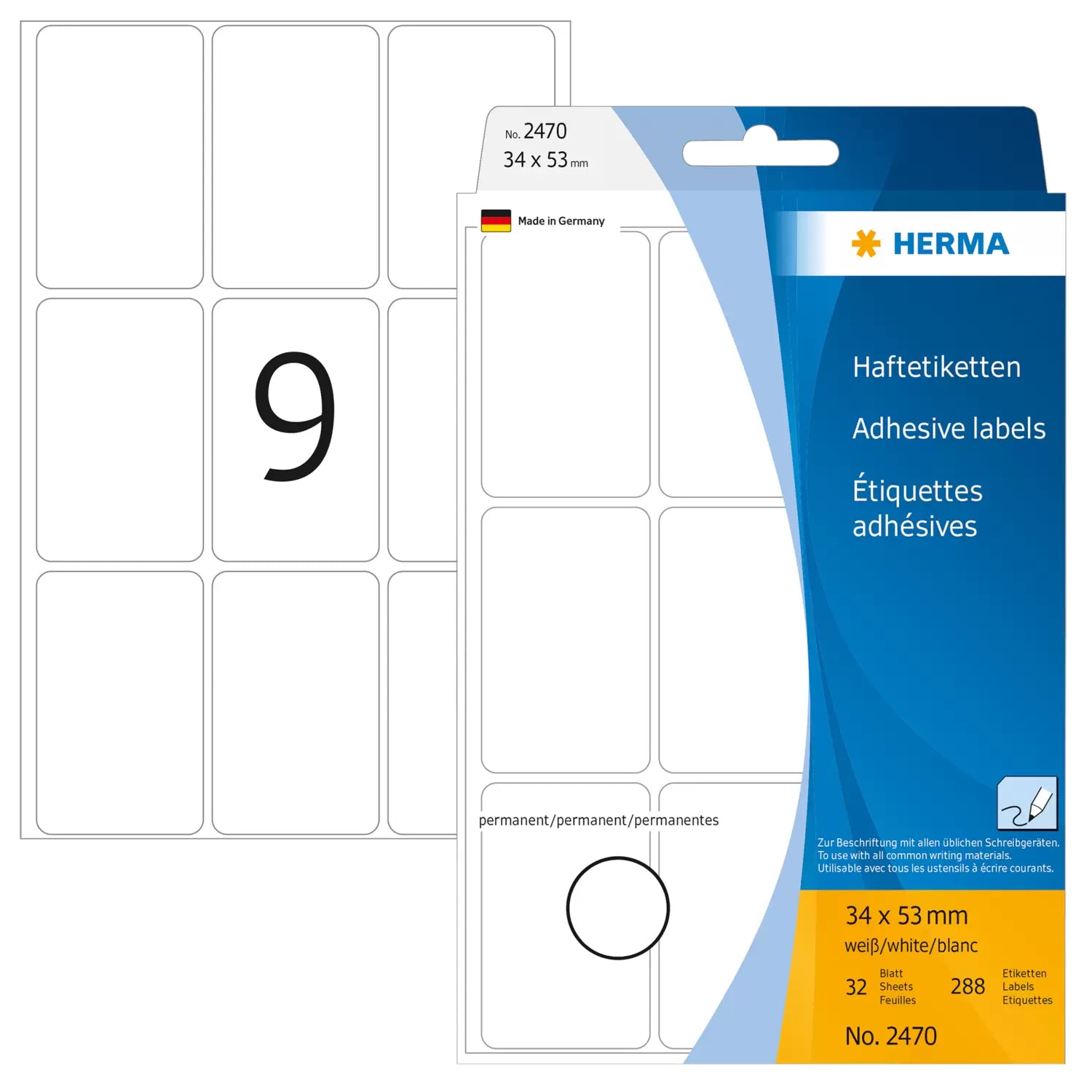 HERMA Schuletiketten – 34×53 mm, Abgerundete Ecken, 288 Stk, 32 Bogen, Papier, Stark Haftend