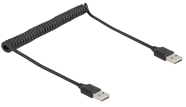 DeLOCK USB-Kabel – USB-A auf USB-A – USB 2.0 (480 Mbit/s) – 0,8 m – Spiralkabel – Schwarz