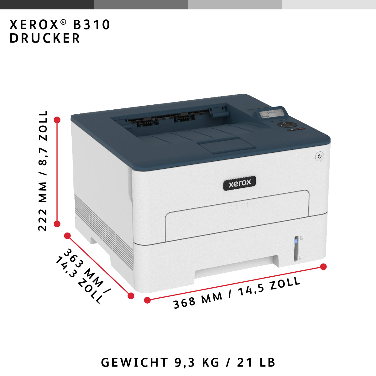 Xerox B310 – Schwarz-Weiss, A4, Duplex, WLAN, LAN, USB, 40 ppm, AirPrint, Mopria