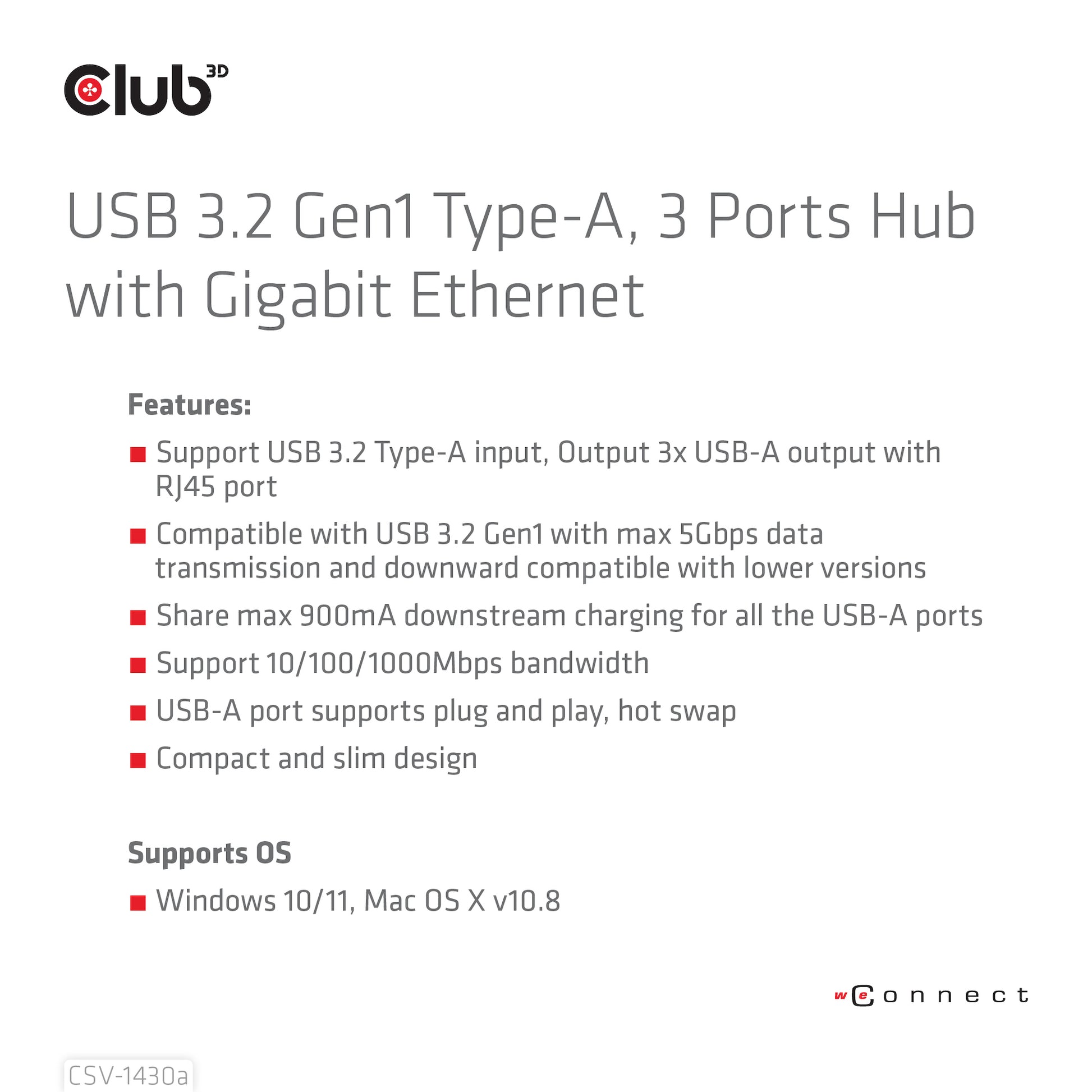 CLUB3D Club 3D CSV-1430a USB-Hub – USB 3.2 Gen 1, 3× USB-A, GbE