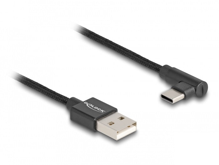 DeLOCK USB-A auf USB-C Kabel – USB 2.0 (480 Mbit/s) – 3 m – Abgewinkelt, Textilmantel – Schwarz
