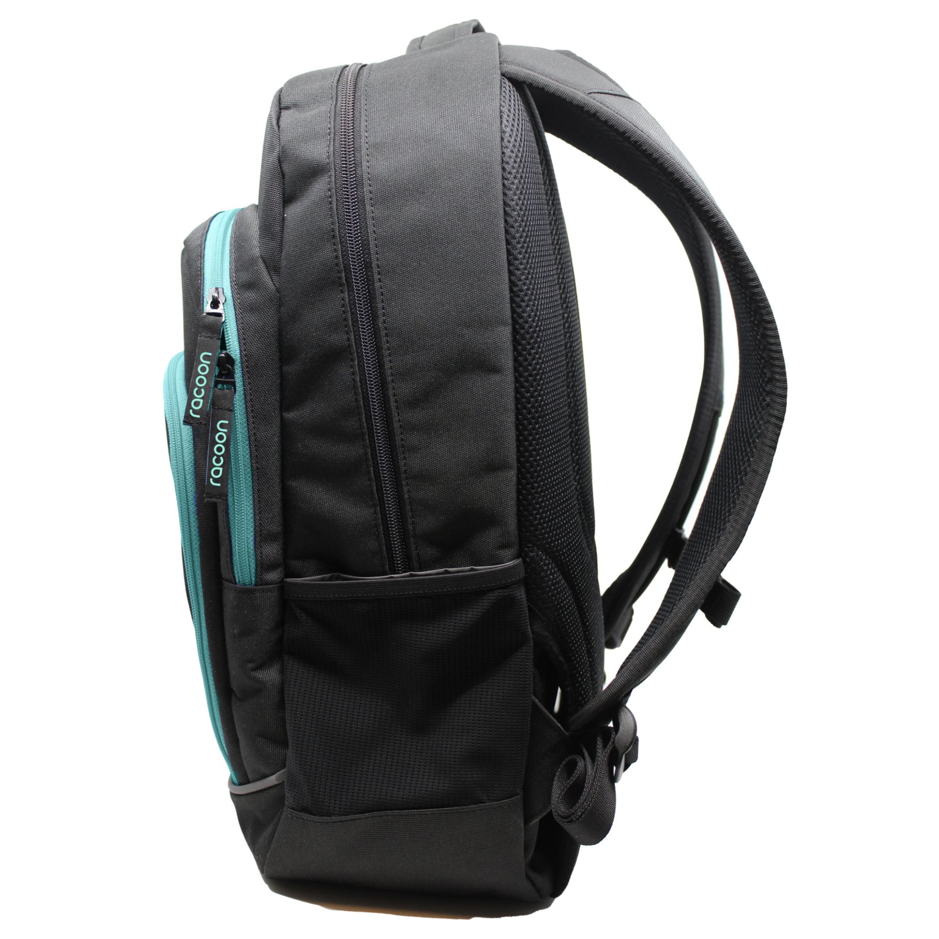 Racoon – Schulrucksack – Schwarz mit grünen Details – Recyceltes PET – 33×48×20 cm, 30 l
