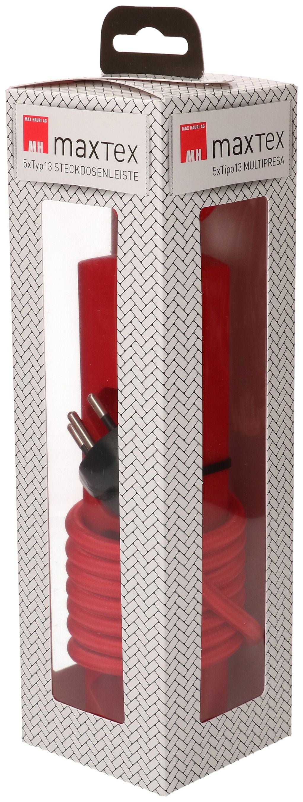 MaxTex Steckdosenleiste – 5× T13, 2 m, ohne Schalter, IP20, rot