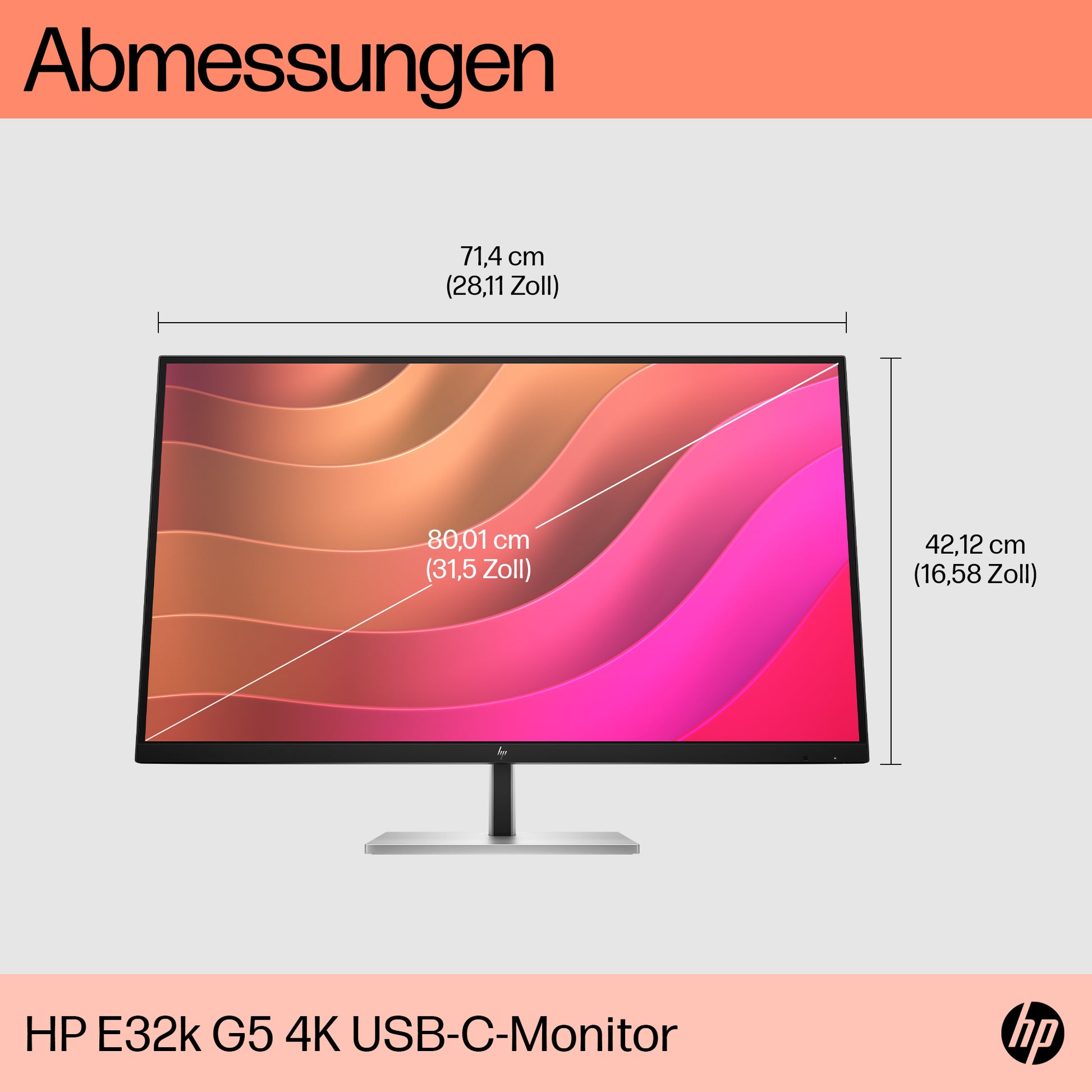 HP E32K G5 – Monitor, 31,5", 3840 × 2160 (UHD 4K), IPS, 60 Hz, 350 cd/m², USB-C, VESA 100 × 100, Schwarz