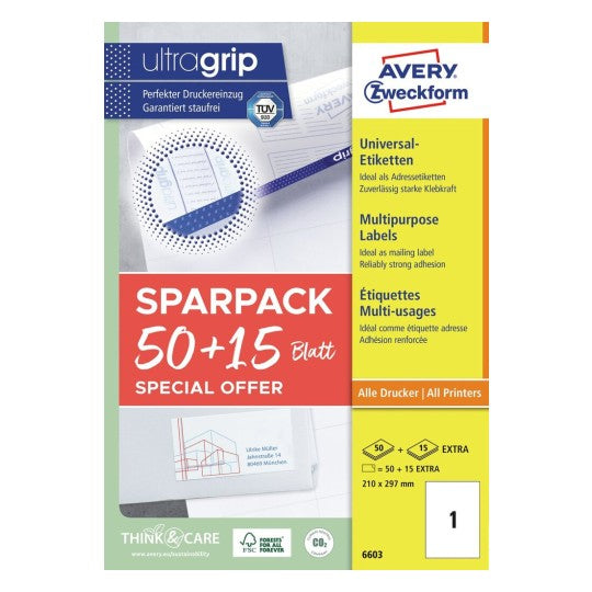 Avery Druckeretiketten, 210 mm × 297 mm, weiss, Papier, permanent, 65 Blatt