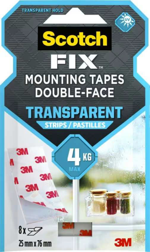 Scotch Fix Montagestreifen – 25 × 76 mm, transparent, bis 0,5 kg, 8 Stk.