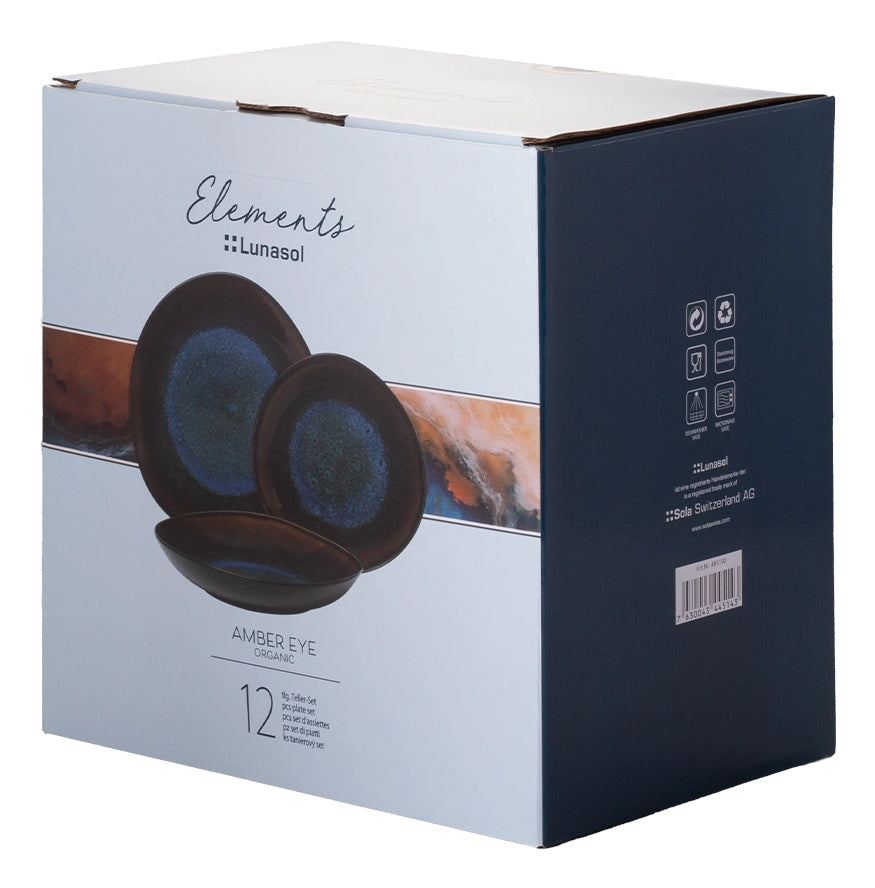 Lunasol Elements Amber Eye Organic Teller – 12-teiliges Set, Ø 27/25/21 cm, Steinzeug, Blau, spülmaschinenfest