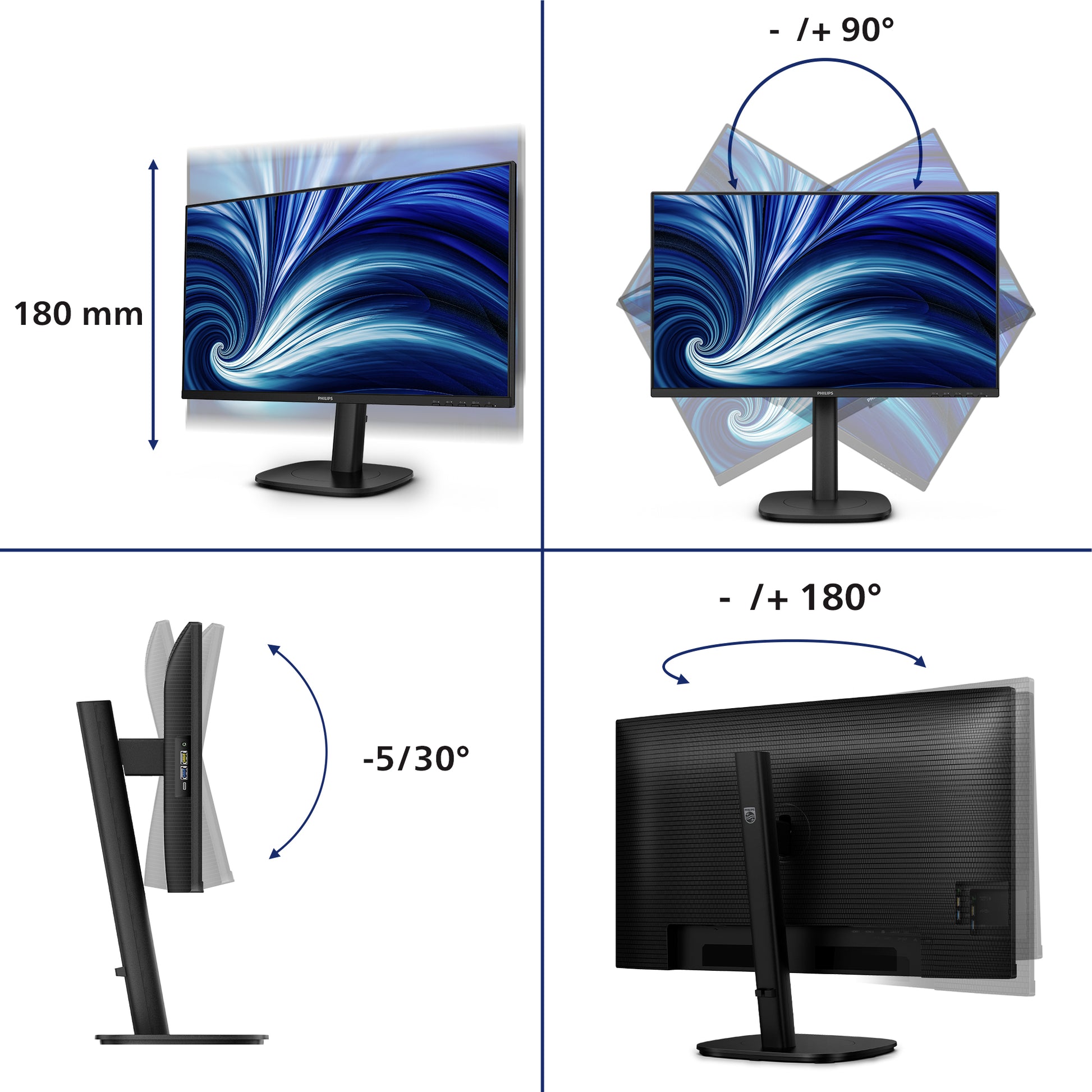 Philips 24B2U3301D/00 – Monitor, 24", IPS, 100 Hz, USB-Hub, Lautsprecher, höhenverstellbar, Schwarz