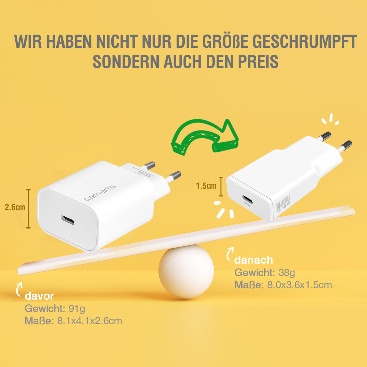 4smarts PDPlug Slim Duos USB-Wandladegerät 20 W – USB-C×1, USB-A×1 – PD, PPS, GaN – für Smartphone & Tablet