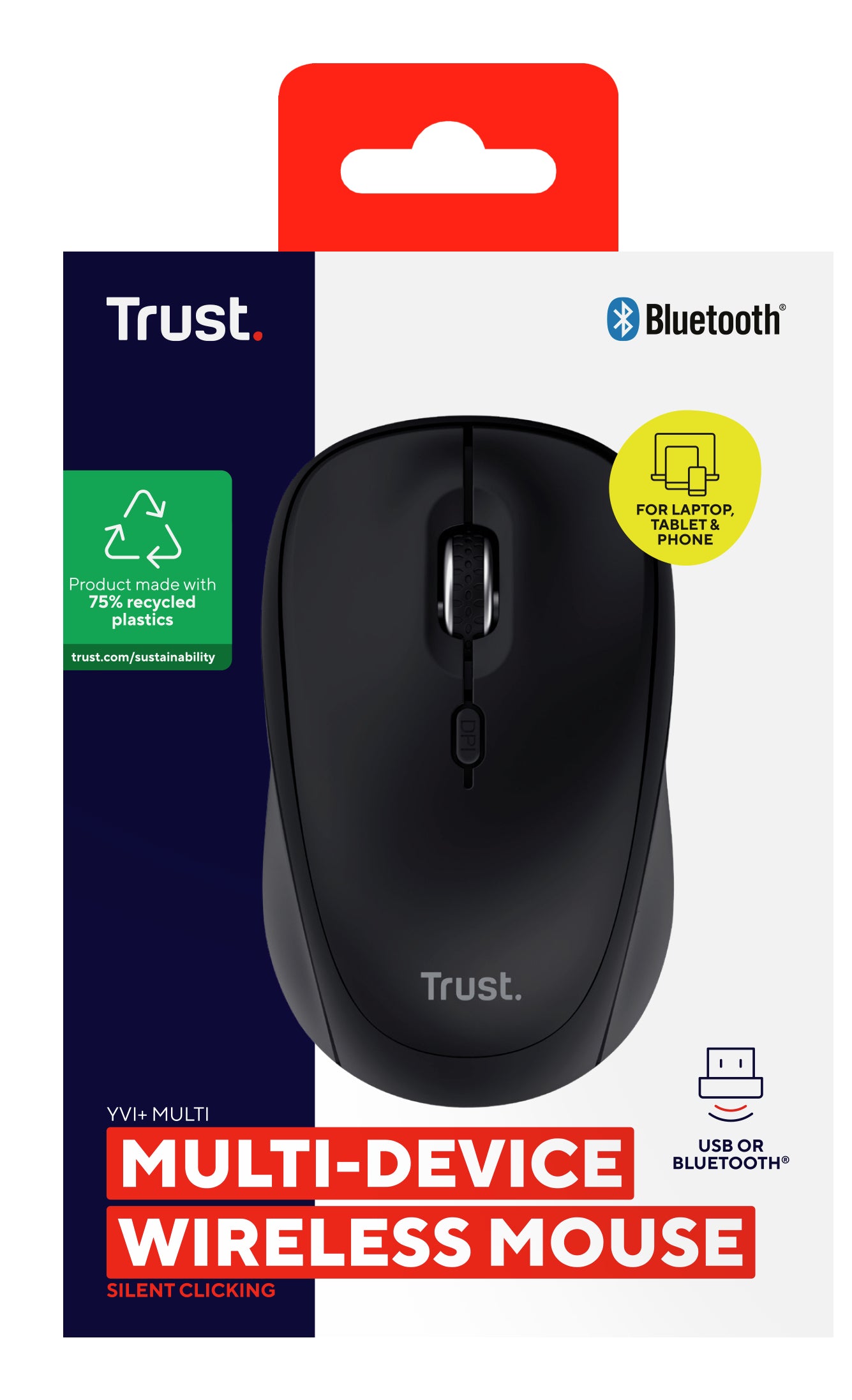 Trust Yvi+ multi Device – Maus – Kabellos (Bluetooth/2,4 GHz), 1600 DPI, beidhändig, Schwarz