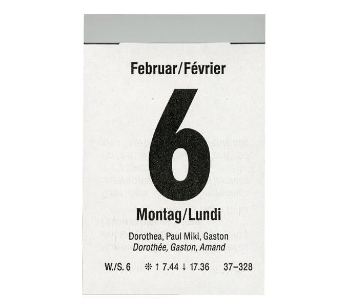 Biella Abreisskalender Block 3 2026 – 5,4 × 8 cm – 1 Tag/Blatt – d/f – perforiert