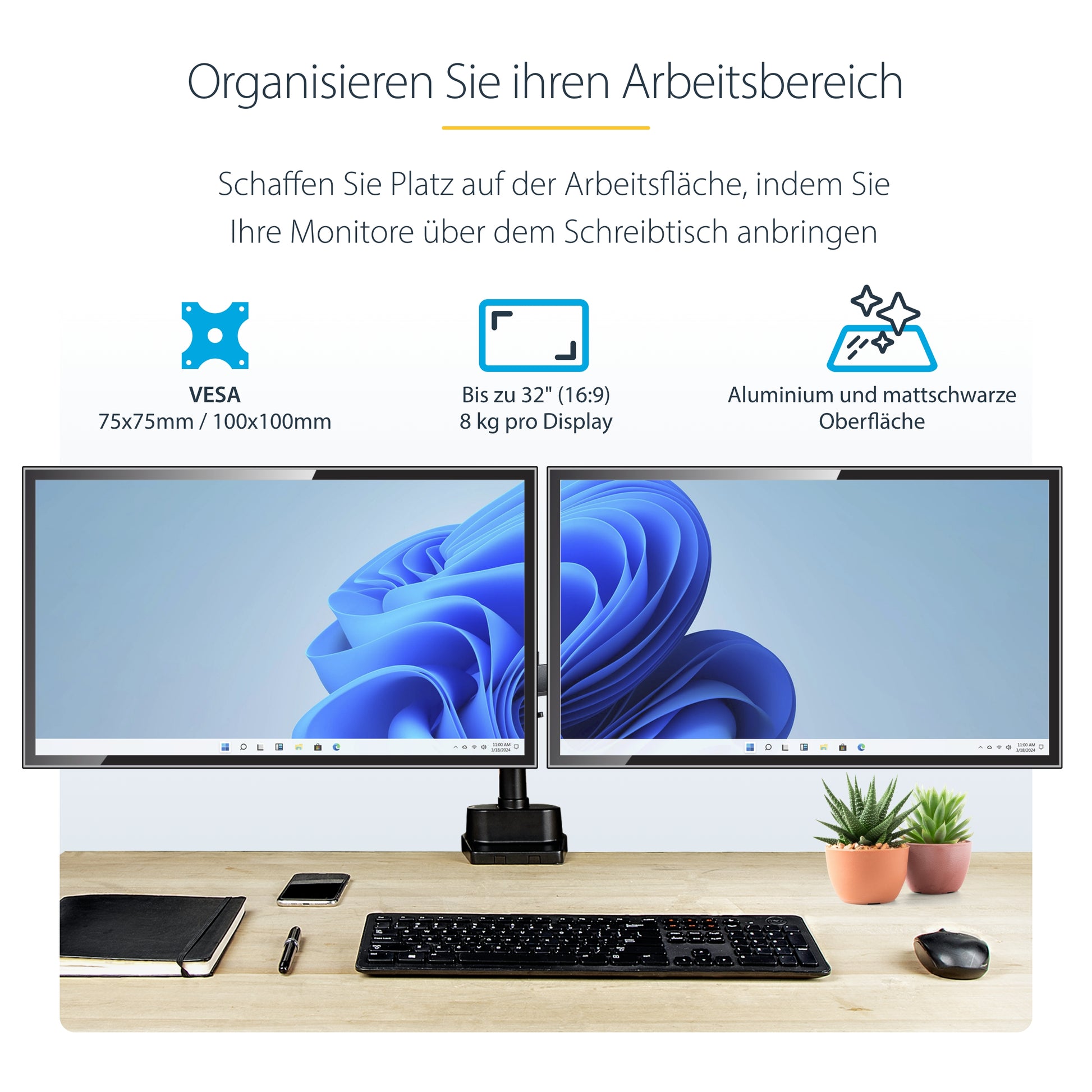 StarTech.com Monitorarm Tischhalterung – 2 Monitore – bis 32" – VESA 75×75/100×100 mm – bis 8 kg/Monitor