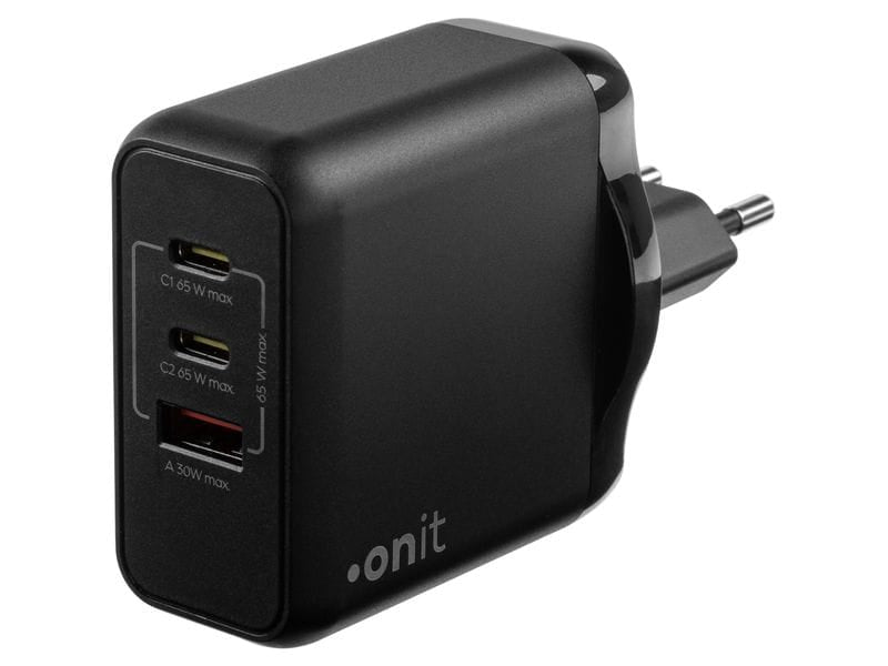 ONIT F02801 USB-Ladegerät 65 W – USB-C×2, USB-A×1 – PD 3.0, PPS, QC 3.0 – GaN, EU-Stecker (Typ C) – Schwarz