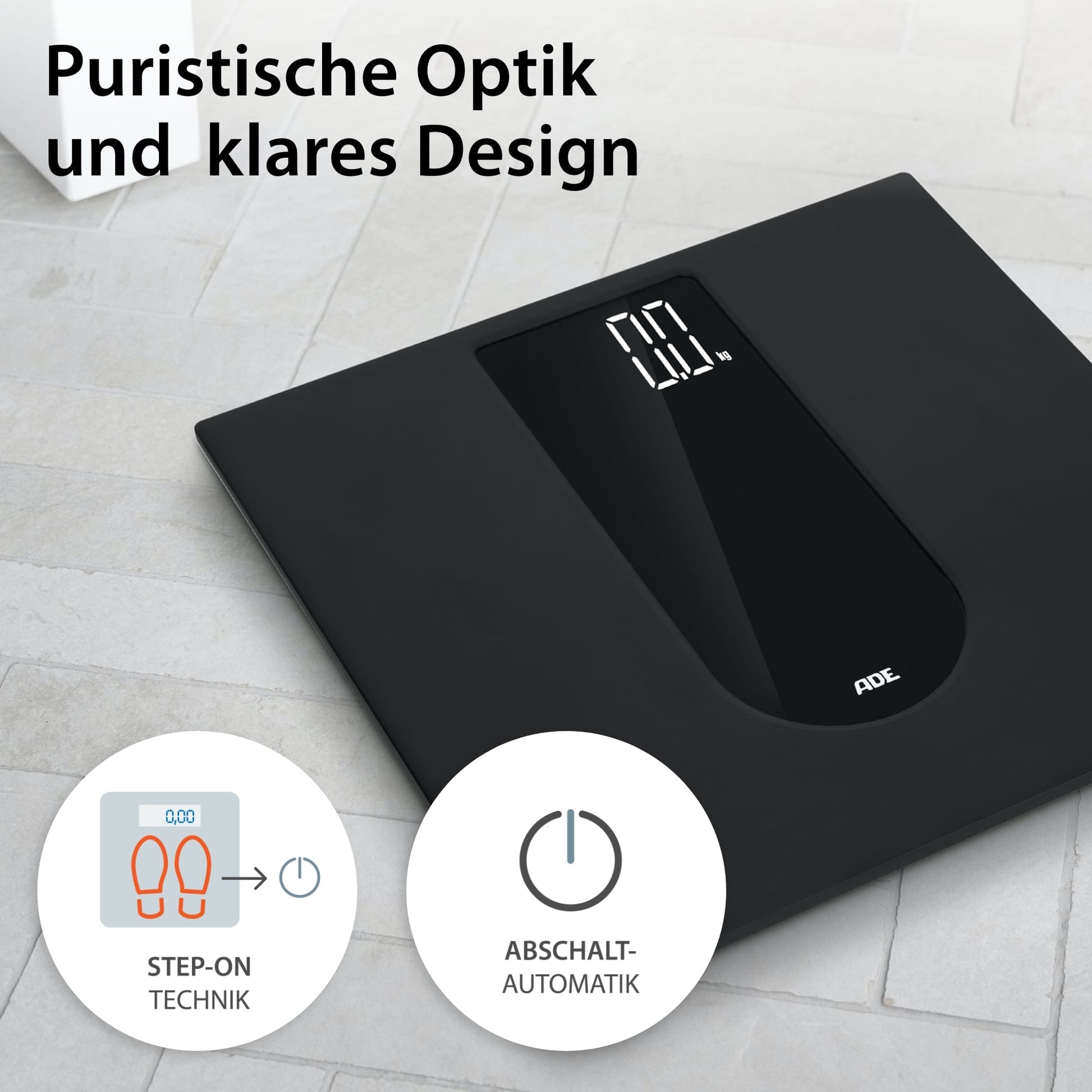 ADE Personenwaage Allegra – 31×31×2,6 cm, Glas, 250 kg, Schwarz